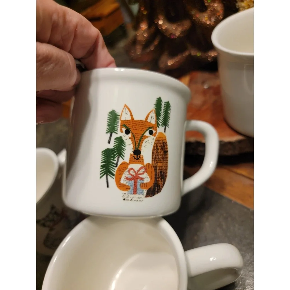 (4) Pottery Barn Denise Fiedler Whimsical Christmas Mugs Cat Fox Owl Dog 16 Oz